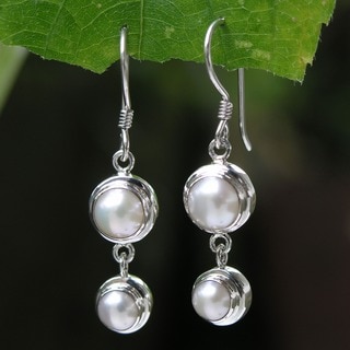 Two Full Moons of White Freshwater Pearls Set in 925 Sterling Silver Suitable for Bridal Long Dangle Earrings (Indonesia)