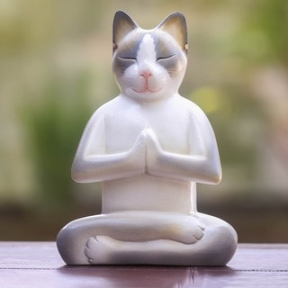 Cat In Meditation Handmade Kitten Kitty Prayer Zen Buddhist White Gray Feline Home Decor Desk Gift Wood Statuette (Indonesia)