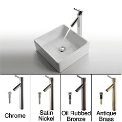KRAUS Square Ceramic Vessel Sink in White with Sheven Faucet in Chrome