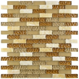 SomerTile 12x12-in Reflections Subway 5/8x2-in Amber Glass/Stone Mosaic Tile (Pack of 10)