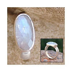 Misty Checkerboard Faceted Oval Moonstone Set in Highly Polished 925 Sterling Silver Sophisticated Modern Womens Ring (India)