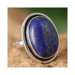Universe Oval Cabochon Polished Lapis Lazuli Gemstone Set in 925 Sterling Silver Elegant Modern Womens Statement Ring (India)