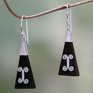 Sterling Silver and Wood 'Triangle' Dangle Earrings (Indonesia)