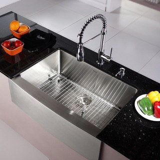 KRAUS 30 Inch Farmhouse Single Bowl Stainless Steel Kitchen Sink with Commercial Style Kitchen Faucet and Soap Dispenser