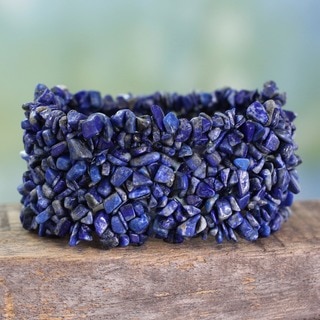 Handmade Mermaid Song Natural Uncut Polished Blue Lapis Lazuli Gemstone Womens Wide Stretch Bracelet (India)