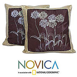 Handmade Set of Two 'Quiet Dandelions' Silk and Cotton Cushion Covers (Thailand)
