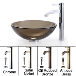 KRAUS Glass Vessel Sink in Brown with Single Hole Single-Handle Ramus Faucet in Chrome