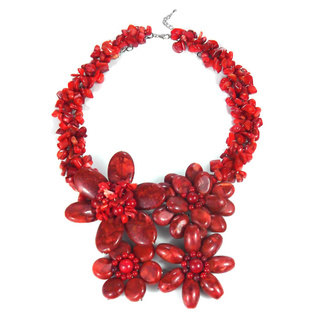 Sterling Silver Reconstituted Red Coral Flower Garland Necklace (Thailand)