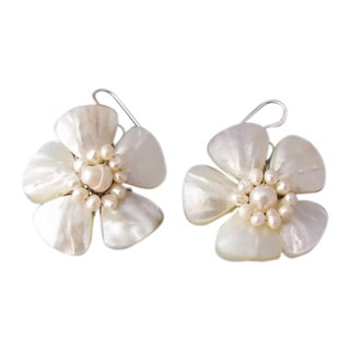 Sterling Silver Mother of Pearl Flower and Pearl Earrings (Thailand)