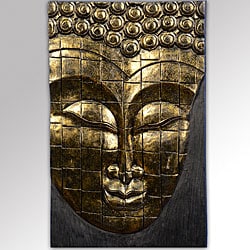 Handmade Rain Tree Wood Antique Gold Buddha Face Wall Hanging (Indonesia)