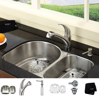 KRAUS 30 Inch Undermount Double Bowl Stainless Steel Kitchen Sink with Pull Out Kitchen Faucet and Soap Dispenser