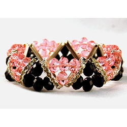 Jet Black and Light Pink Crystal and Rhinestone Stretch Bracelet