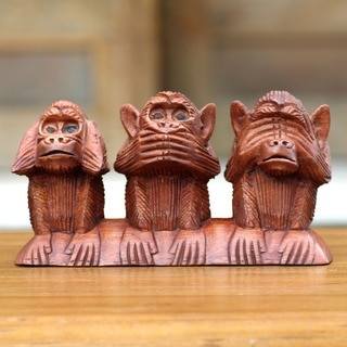 Three Wise Monkeys Hear Speak See No Evil Artisan Decorator Accent Brown Wood Traditonal Signed Art Work Sculpture (Indonesia)