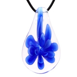 Murano Inspired Glass Blue Flower Teardrop Pendant