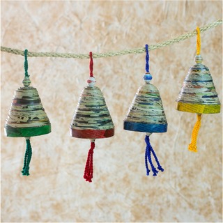Set of 4 Recycled Paper 'Bells of Hope and Joy' Ornaments , Handmade in Guatemala