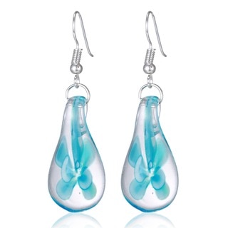 Murano Inspired Glass Sky Blue Flower Teardrop Earrings