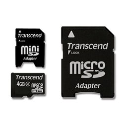 Transcend 4gb MicroSDHC Flash Memory Card with SD and MiniSD Adapter