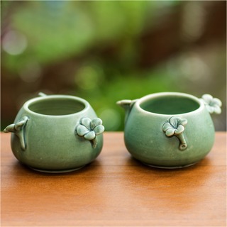 Set of 2 Ceramic 'Frangipani Flowers' Bowls (Indonesia)