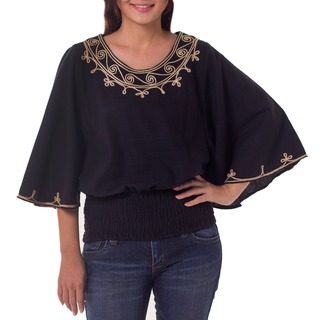 Womens Cotton Cool Night Jewel neckline embroidered Blue Blouse (Thailand)