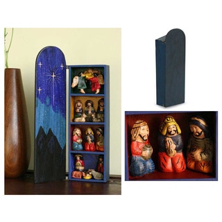 Blue Nativity Christian Themed Handmade Multicolored Artisan Signed Religous Art Work Wood and Ceramic Retablo (Peru)