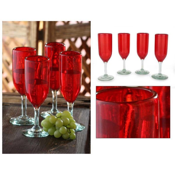 Set of 4 Blown Glass 'Lovely Rubies' 6-oz Champagne Flutes (Mexico)