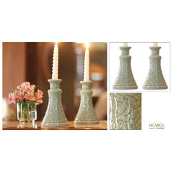 Handmade Set of 2 Celadon Ceramic 'Ivy Columns' Candleholders (Thailand)