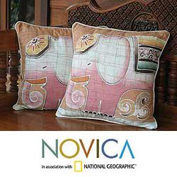 Set of Two Cotton Batik 'Pink Elephants' Cushion Covers (Thailand)