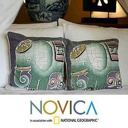 Handmade Set of Two Cotton Batik 'Dreamy Elephants' Cushion Covers (Thailand)