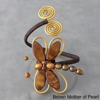 Handmade Cotton Brown/ Black/ White Shell and Pearl Dragonfly Brass Cuff (5-10 mm) (Thailand)