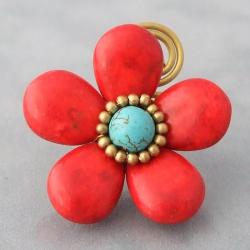 Brass Large Red Coral and Turquoise Flower Wrap Ring (Thailand)