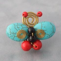 Handmade Brass Reconstructed Turquoise/Red Coral/Onyx Butterfly Ring (Thailand)