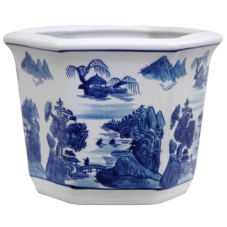 Handmade Porcelain Blue and White Landscape Flower Pot Planter (China)