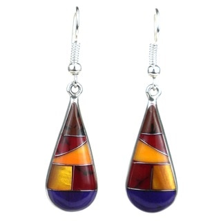 Alpaca Silver Purple and Earth Tone Stone Drop Earrings (Mexico)