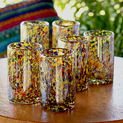 Hand Blown Set of 6 Multicolor Glasses Carnival Tumblers (Mexico)