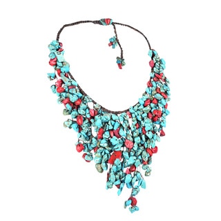 Cotton Red Coral and Turquoise Waterfall Bib Necklace (Thailand)