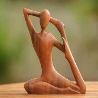 Yoga Stretch Elegant Meditation and Relaxation Unique Hand Carved Brown Suar Wood Decorator Art Work Sculpture (Indonesia)