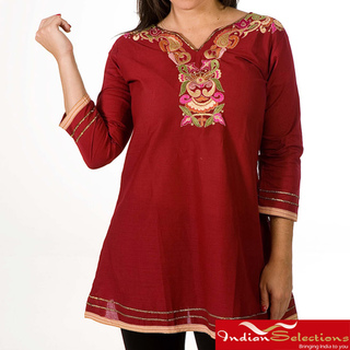 Women's Cotton Red Embroidered Kurti/ Tunic (India)