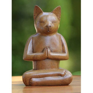 Suar Wood 'Cat In Deep Meditation' Sculpture, Handmade in Indonesia