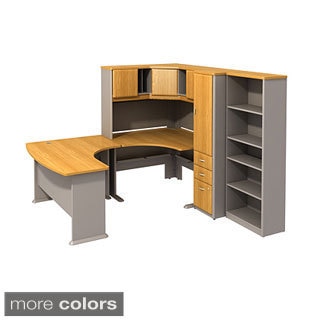 BBF Series A 48-in Corner Desk with 60 x 44 Right-hand Left-bow Desk, 26-in 5-shelf Bookcase, 48-in Corner Hutch and Locker