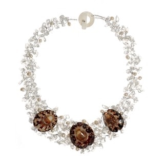 Brown Limpet Sea Shells and White Pearl Necklace (5-7 mm) (Thailand)