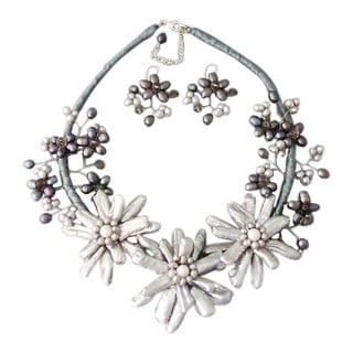 Stick Silver Pearl Triple Flower Vine Jewelry Set (5-25 mm) (Thailand)