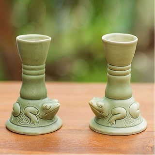 Set of 2 Handmade Ceramic 'Yoke Frog' Candleholders (Indonesia)