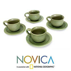 Set for 4 Ceramic 'Bali Forest' Cups and Saucers (Indonesia)