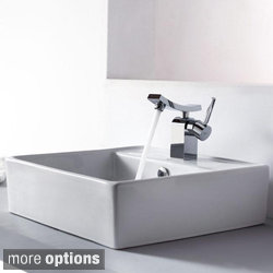 Kraus Bathroom White Square Ceramic Sink and Unicus Basin Faucet Combo Set