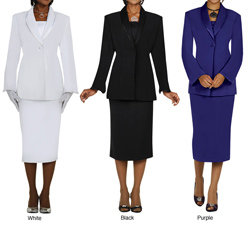 Divine Apparel Women's Comfortable Plus Size Satin Trimmed Shawl Collar Skirt Suit