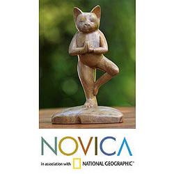 Handcrafted Suar Wood 'Tree Pose Yoga Cat' Sculpture, Handmade in Indonesia
