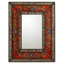 Red Cajamarca Floral Baroque Multicolor Reverse Painted Glass Global Style Decorator Gold Accent Rectangular Wall Mirror (Peru)