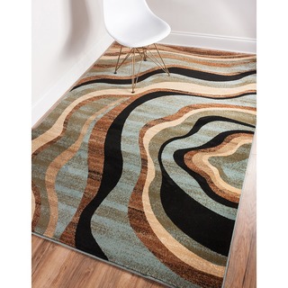 Nirvana Waves Multi Abstract Geometric Blue, Beige, Ivory, Brown, Green, and Black Area Rug (7'10 x 9'10)