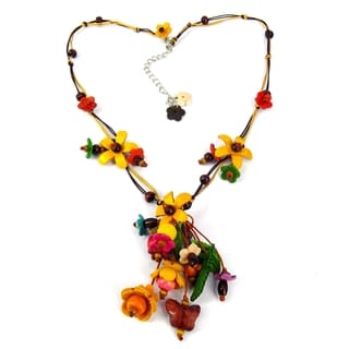 Yellow Glass Bead Floral Garden Leather Necklace