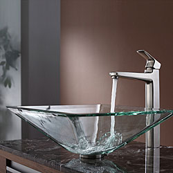 KRAUS Square Glass Vessel Sink in Clear with Virtus Faucet in Brushed Nickel